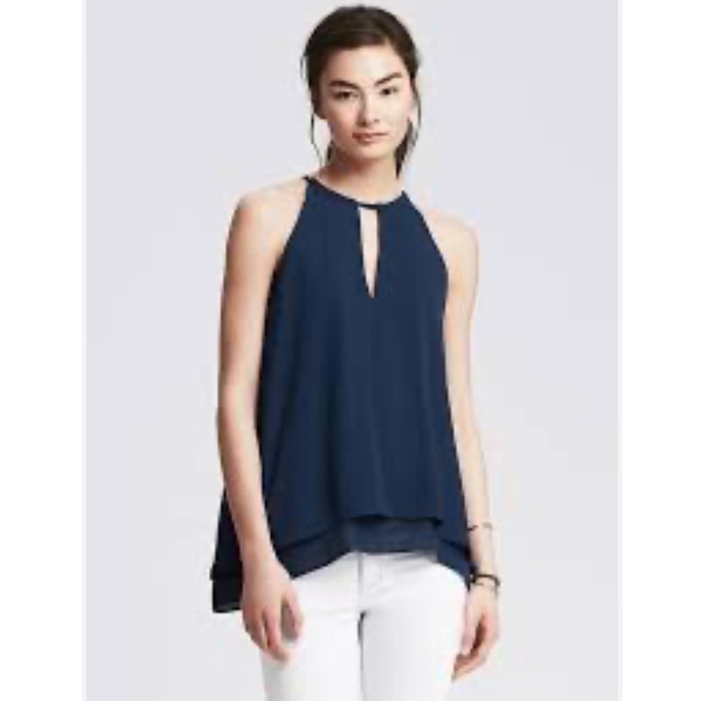 Banana Republic Navy Blue Sleeveless Halter Top Keyhole Blouse XS‎